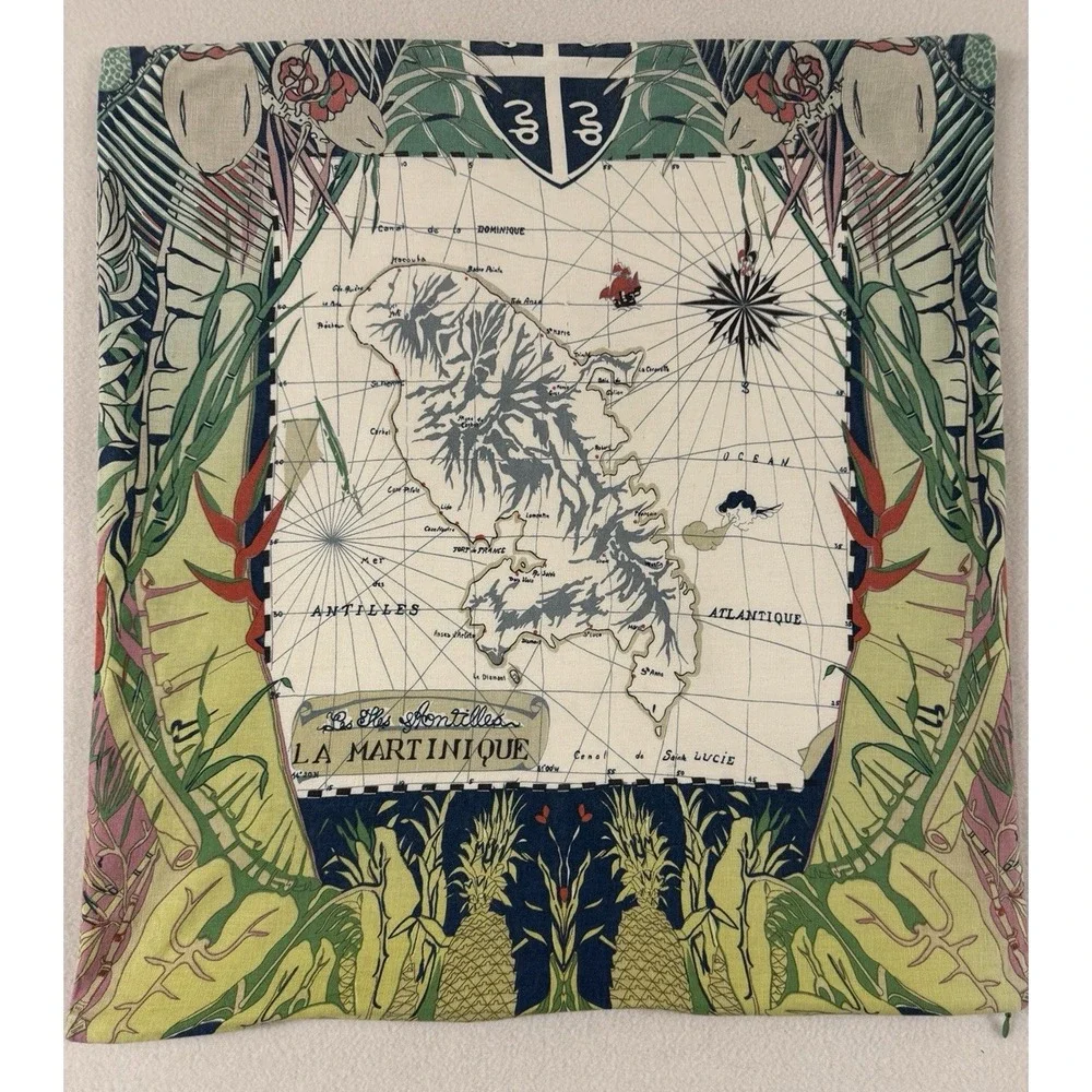 Pottery Barn Pillow Shams La Martinique‎ Map 24 X 24 Cotton Linen Blend Flaws
